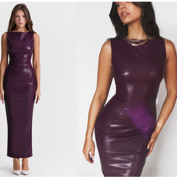 HOUSE OF CB 'Sahara' Merlot Vegan Leather Maxi Dress NWOT - Picture 3 of 14